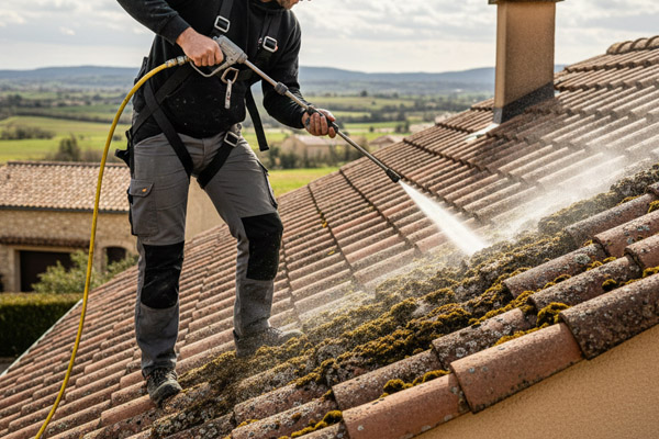 Nettoyage et démoussage de toiture à haute pression par un artisan équipé d'un harnais de sécurité
